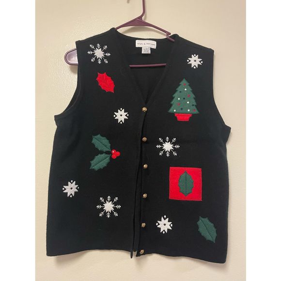 croft & barrow Jackets & Blazers - Croft&Barrow Size L Christmas Button Down Vest Black Sleeveless